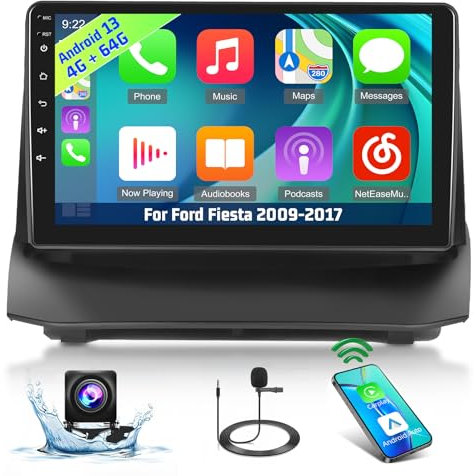 [4+64G] Carplay Autoradio pour Ford Fiesta 2009-2017 - 9 Pouces IPS 1280 * 720P Touchscreen EQ Audio - sans Fil Android Auto, AI DSP, Personnaliser la Page d'accueil, SWC + Caméra de recul AHD