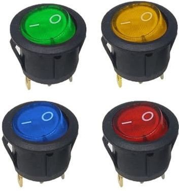 4 Uds KCD1 redondo 220V/12V rojo, amarillo y azul verde 3 pines SPDT interruptor de encendido/apagado basculante AC 125V/10A 250V/6A con luz(Yellow,12V)