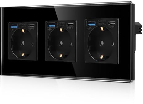 CNBINGO - Toma triple Schuko con 6 puertos USB (carga rápida de 20 W), 3 x (tipo C y USB-A), triple toma Schuko de cristal empotrado, con seguridad infantil, negro