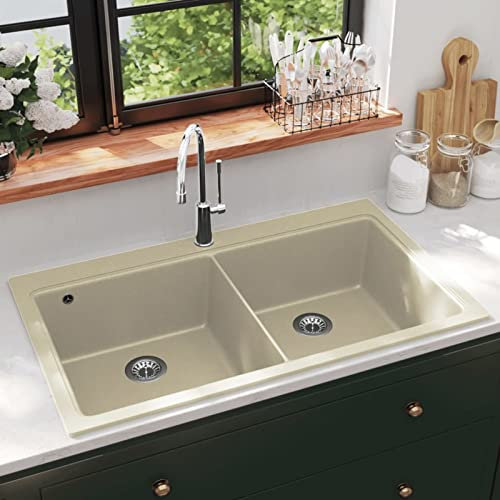 Homgoday Fregadero de cocina de granito, doble lavabo, color beige, tipo 2