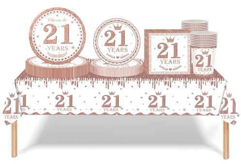 Rose Gold 21st Birthday Decorations - 69pcs Tableware Set for Her