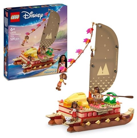 LEGO | Disney Vaiana 2 Canoa de Aventuras de Vaiana - Barco de Juguete con Vela Textil, Hoguera, 3 Mini Muñecos Inc. Loto y Moni y Cerdito Púa - Regalo Creativo para Niñas de 6+ Años y Fans 43270