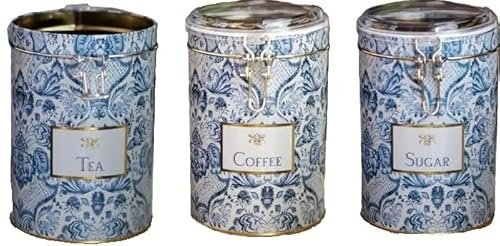 Nobel Rustic Modern Canister - Set of 3 Tea Coffee Sugar Jars (Blue Floral ACRYLIC Lids) - 10.5 cm x 10.5 cm x 15 cm