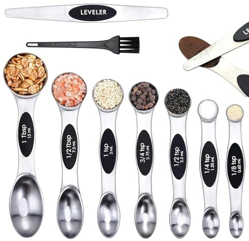 8 pcs Magnetic Measuring Spoons, Stainless Steel Double Sided Stackable Teaspoon with Brush, Fits in Spice Jars Spoons with Scale and Leveler for Dry and Liquid Ingredients (Black)