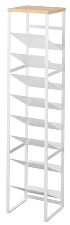 Yamazaki 1491 Tower 8-stöckiges Flaschenregal mit Holzablage, weiß, Stahl/Holz/Silikon, minimalistisch, 19,3 x 20 x 88,5 cm