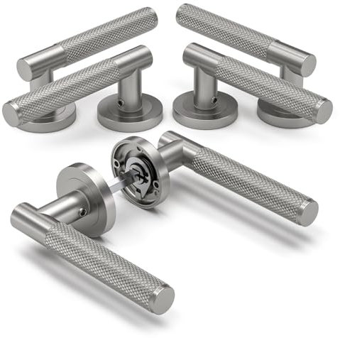 Bwintech 3 Sets Satin Nickel Aluminium Knurled Lever Door Handles On Rose Without Door Escutcheon