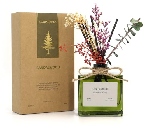 GAGINGOOLD Reed Diffuser, 6.09 oz Earthy Sandalwood Scent Diffuser with Sticks & Dried Flowers, 120 Days Long Lasting diffusers for Home, Elegant Fragrance for Bathroom Bedroom Office Decor Air Fresh