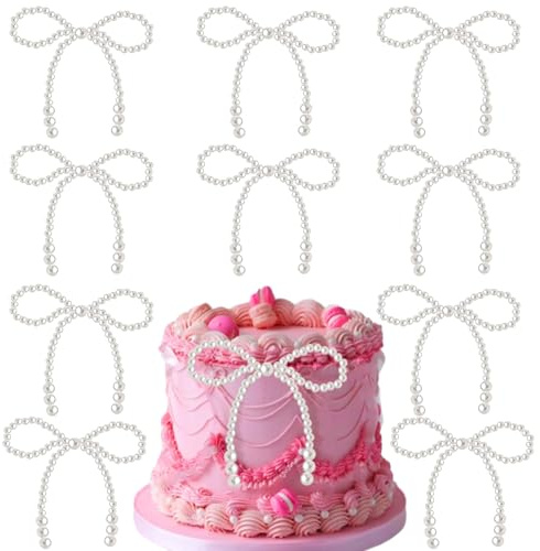 10 Stück Perlen Schleife Kuchen Toppers Perlen Schleifen Cupcake Toppers,Deko Torten für Geburtstagsparty, Hochzeit, Baby Shower, Party Dekoration