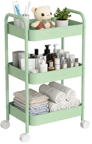 3 Tier Metal Storage Trolley on Wheels, Storage Cart, Rolling Utility Cart | Easy Assembly for Home Kitchen, Bathroom Laundry and Office (Green)