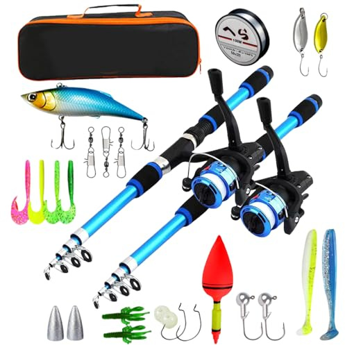 2 Angelset Für Kinder, Angelrute Set, Angelwerkzeug-Set, Angel Zubehör, Teleskop Angelruten Und Rolle 180cm Mit Spinnrolle Und Tragetasche, Für Kinder Für Reisen In Salzwasser Und Süßwasser, Blau