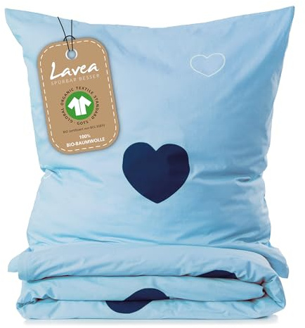 Lavea® Bettwäsche Kinder Set 100x135 cm und 40x60 cm - Hellblau Blau | Kinderbettwäsche 100% Bio-Baumwolle mit Herzmotiv, weiche und atmungsaktive Bettwäsche mit Reißverschluss, verschiedene