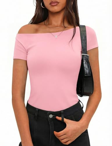 Totatuit Camiseta de Mujer Ajustada Manga Corta Hombros Top Sexy Y2K | Estilo Diario, Uso Casual, Combinación Versátil