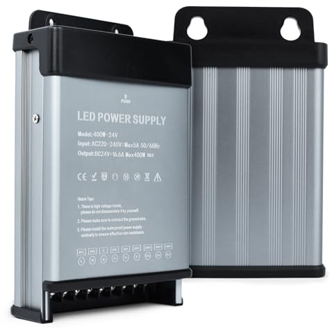 Transformador 220V a 24V Exterior, KSIBNW 400W LED Driver Impermeable IP44 | Conmutada Fuente Alimentación 220V DC a AC 24V 16,6A 400W Bajo Voltaje Power Supply de Voltaje Constante para Tira LED