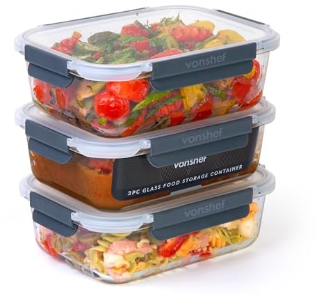 VonShef Boîtes Alimentaires en Verre- Lot de 3 Boîtes Repas 1500ml | Hermétiques, Sans BPA, Idéales pour Meal Prep, Empilables, Compatibles Micro-ondes, Four, Congélateur et Lave-vaisselle