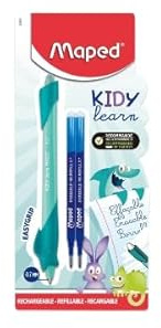 Maped - Radierbarer Stift Kidy Learn – Kugelschreiber für Kinder mit Radiergummi, wiederaufladbar, ergonomisch – mit 2 Nachfüllminen – Schulbedarf zum Erlernen des Schreibens – Zubehör für den
