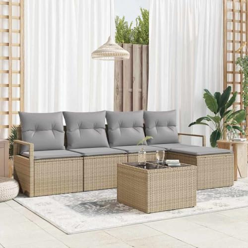 SooIarix Sofa Set mit Kissen 6 pcs Beige und Hellgrau Poly-Rattan wetterfestes Outdoor Sofa mit Stauraum modulare Gartenlounge Balkonmöbel für 4 Personen Gartenbank und Lounge Möbel Outdoor
