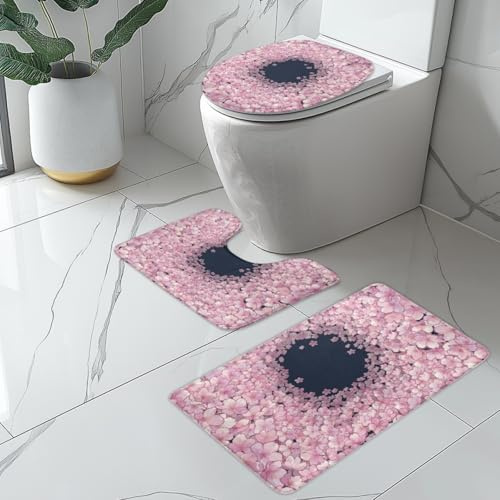 Badteppich Set Rosa Blätter Duschvorleger rutschfest Waschbar 3 Teilig Bad Vorleger U-Förmig WC Teppich Toilettendeckelbezug Deko Badezimmer Bath Mat 50x80 cm