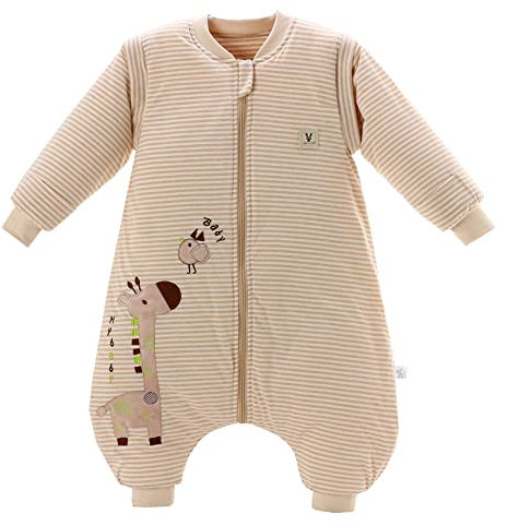 Chilsuessy Baby Winter Schlafsack mit Füßen und abnehmbar Langarm Pyjamas aus Bio Baumwolle kleine Kinder Schlafsack für Baby 1 bis 6 Jahre Soft, Beige, 85 cm