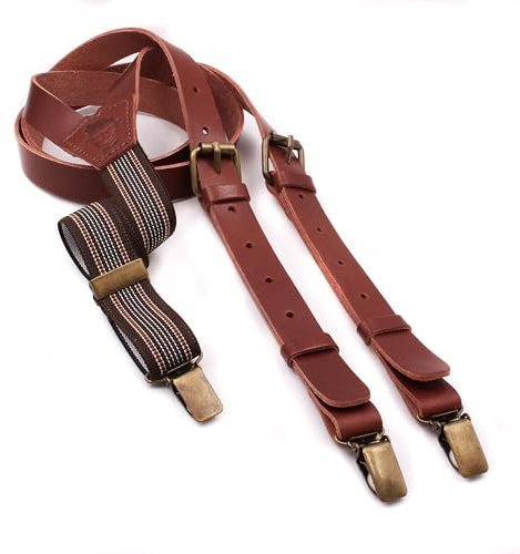 Braune leder hosenträger herren | Handgefertigt in Spanien | Hosenträger für Herren mit 3 extra starken Clips. (Braun)