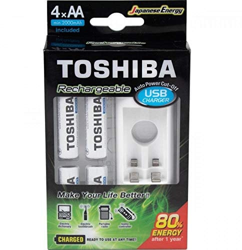 Toshiba Rechargeable Batteries AA - High Capacity Rechargeable AA Cells Batteries – 2000 mAh Rechargeable Battery Pack of 4 plus charger