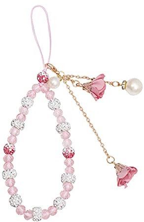 ISAKEN Cuentas de teléfono Cordón Flor de Cristal Cadena para teléfono móvil, Celular Pulsera Correa Caja del teléfono Colgante Regalo para Mujer, Rosa