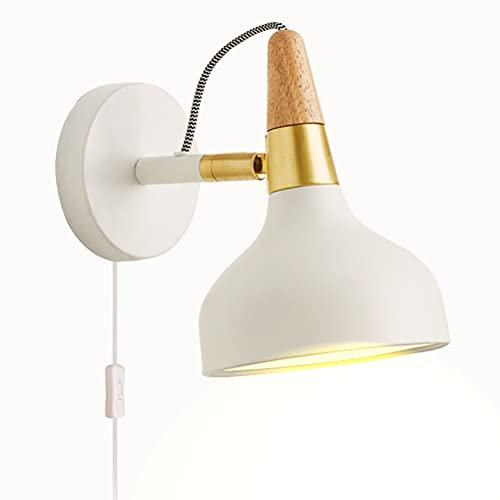 Modern Wandleuchte mit Schalter und Stecker, Verstellbar Nachttisch-Wandlampe Leselampe mit Kabel Wandleuchtung aus Metall und Holz E27 Innen Lampe für Schlafzimmer Wohnzimmer Kinderzimmer,Weiß