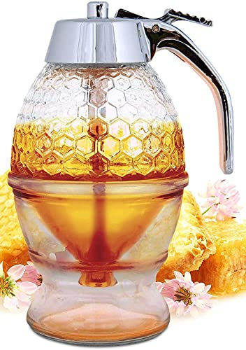MMCCHB Pot à miel en plastique, distributeur de sirop, beau pot à miel de ruche avec support, bouteille de sirop de 8 oz.