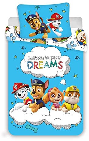 Kinder Baby Bettwäsche Set Paw Patrol Believe in Your Dreams Blau, mit Marshall Rubble Skye und Chase, Bezug Bettdecke 100 x 135 cm, Bezug Kopfkissen 40 x 60 cm, 100% Baumwolle, Jungen und Mädchen