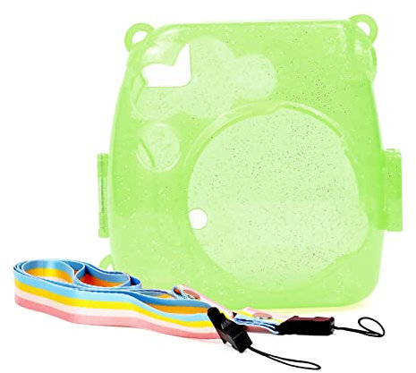 Protective Clear Case Plastic Instant Camera Case Cover Instant Camera Protective Case for Checky Instax Mini 8/8+/9 Instant Film Camera with Removable Rainbow Shoulder Strap Glitter Green