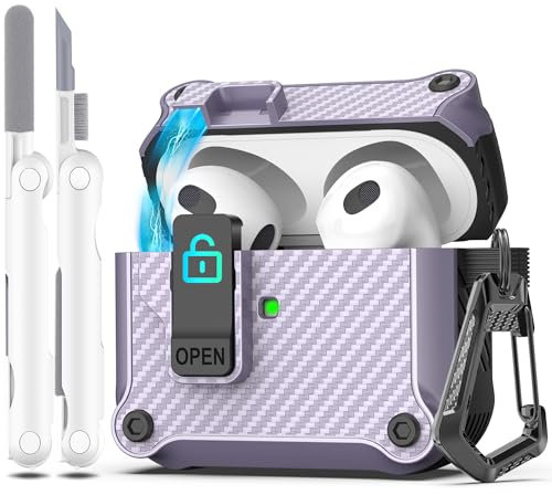 R-fun Compatible con AirPods 3ª Generación 2021 Funda de Carga, Protección Total contra caídas Auto Pop-Up Tapa Compatible con Apple Airpods 3 Gen Funda con Kit de Limpieza y Llavero,Lavneder