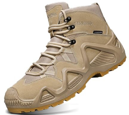 IYVW A07 Stiefel Herren Wanderschuhe Trekkingschuhe Armee Combat Tactical Boots Verschleißfest rutschfeste Outdoor Einsatzstiefel Für Maenner Frauen Wüstengelb 45EU