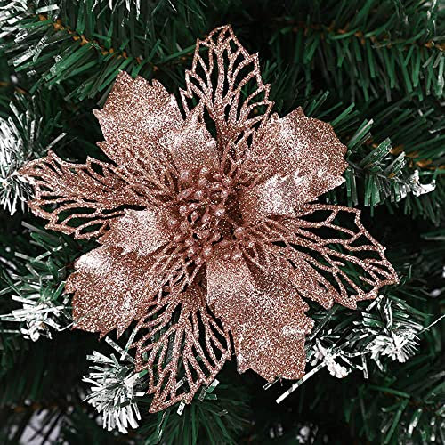 12x 9cm Glitzer Weihnachten Baumschmuck Weihnachtsanhänger Weihnachtsbaum Deko,Künstliche Weihnachtsstern Blumen,Weihnachtsbaumschmuck Ornament,Christbaumschmuck,Weihnachtsdeko Anhänger,Roségold