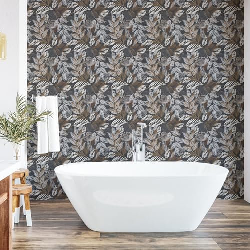 ABAKUHAUS Jahrgang abziehbare & klebbare Tapete für Zuhause, Rustikale Zweige Blätter, selbstklebendes Wohnzimmer Küchenakzent, 33 cm x 250 cm, Braune graue Kokosnuss