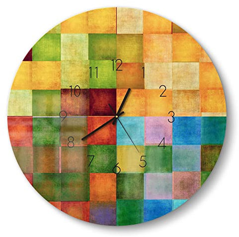 DEQORI Glasuhr | rund Ø 50 cm | Motiv Bunte Farbquadrate | große XXL Design Uhr aus Glas | leise Wanduhr für Wohnzimmer & Küche | moderne Hingucker Uhr für die Wand