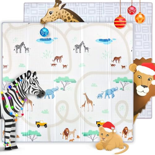 MIKMEL Spielmatte für Babys und Kinder, Faltbare Krabbeldecke, Wasserdichte Krabbelmatte aus Schaumstoff, Kindermatte zum Lernen (Safari/Geometrie, Sehr groß)