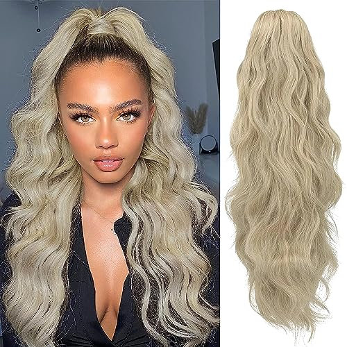 YEESHEDO Pferdeschwanz Haarteil Aschblond Lange Wellig Locken Haarteil Zopf mit Kordelzug Ponytail Natürliches Kunsthaar Haarverlängerunge Extensions für Damen Afro Zopf 60cm