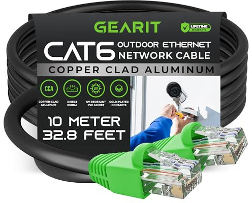 GEARit Cat6 Outdoor Ethernet Cable (10 Meters) CCA Copper Clad, Waterproof, Direct Burial, In-Ground, UV Jacket, POE, Network, Internet, Cat 6, Cat6 Cable - 10m