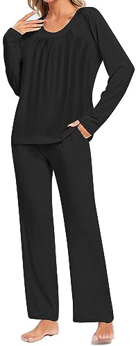 Famulily Womens Bequeme Langarm Pyjama Sets Zweiteilige Rundhals Loungewear mit Taschen Schwarz XL