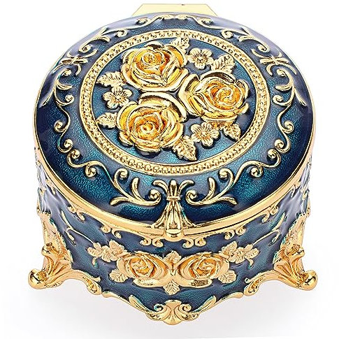 IGNPION Dekorative Schmuckkästchen, Vintage-Schmuckkästchen, klein und exquisit, für Ringe, Ohrringe, Halsketten, rund, Blau