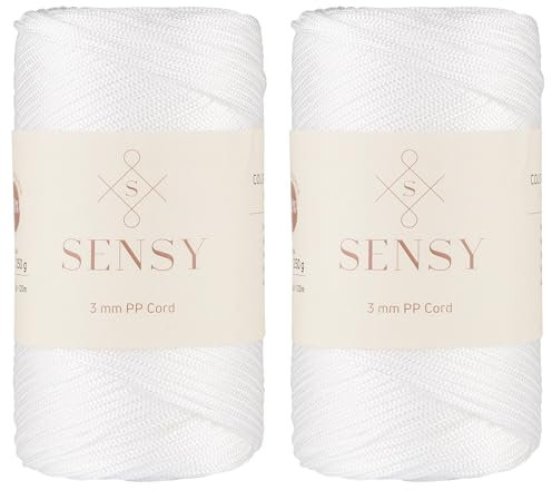Sensy Premium 3 mm 120 Meter Polyester-Seil, 100% Polypropylen-Kordel, Makramee-Kordel, 3 mm Häkeltaschen-Kordel, Makramee-Seil, Häkelgarn, Geschenk für Stricker (Weiss)