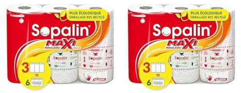 Sopalin Maxi Rouleaux Décoré – x6 Maxi Rouleaux égal à 12 rouleaux classiques, Triple épaisseur, Demi-feuilles, Blanc