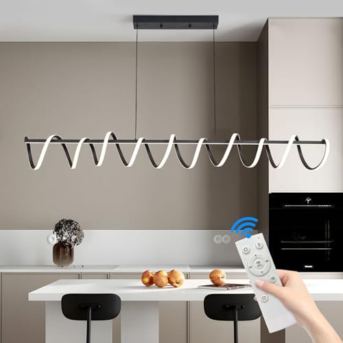Mikeru 150cm Spiralförmige Pendelleuchte, Moderne LED-Pendelleuchte Schwarz Dimmbare 10%-100% Esstisch Lampen Hängend Esszimmerleuchte mit 3 Farblichter 3000K/4500K/6500K Kronleuchter für Esstisch