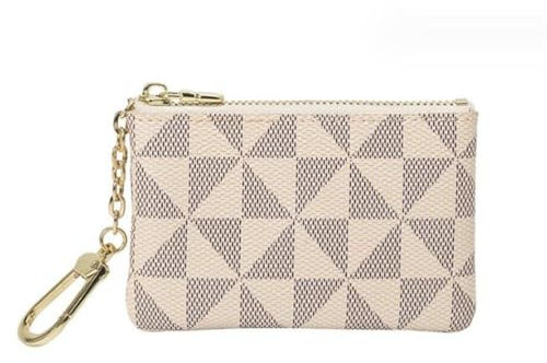 Petit portefeuille de luxe en cuir à carreaux avec fermeture éclair et anneau porte-clés – Sac de rangement pour pièces de monnaie et clés avec chaîne pour femme, doré, Porte-cartes