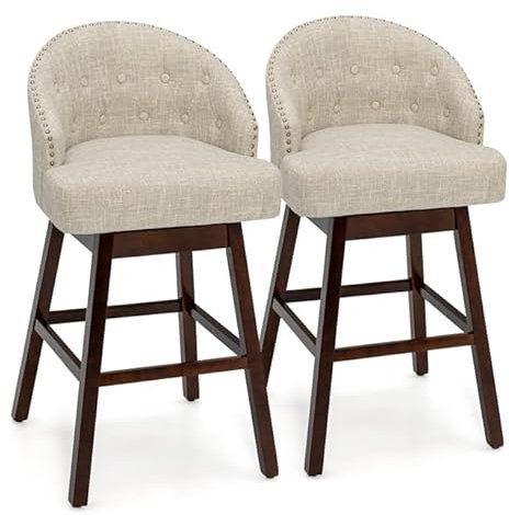 COSTWAY Chaise de Bar Pivotante Lot de 2, Tabouret de Bar Rembourré en Éponge, Pieds en Bois d'Hévéa, Chaise Haute Cuisine en Lin avec Repose-Pieds, Capitonné, Rivets, pour Ilot Central (Beige)
