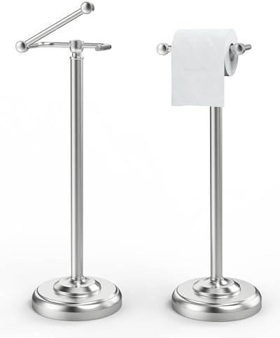 WZRUA Toilet Roll Holder Free Standing, Brushed Nickel Stainless Steel Toilet Roll Holder Stand, Double Post Pivoting Toilet Paper Holder Standing, Anti-slip Weighted Pedestal