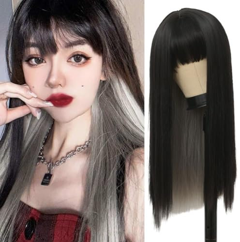 Siudus Schwarz Graue Lange Perücke mit Pony für Frauen Gerade Perücken für Halloween Cosplay Verwendung
