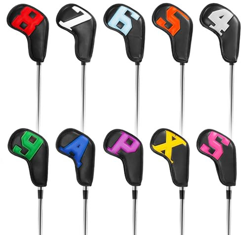 Golf Head Covers,Golf Club Headcovers Iron Thick Synthetic Leather,Golf Irons Club Head Covers with Large Number Black,with Number Label Golf Accessory for Men Women 10Pack