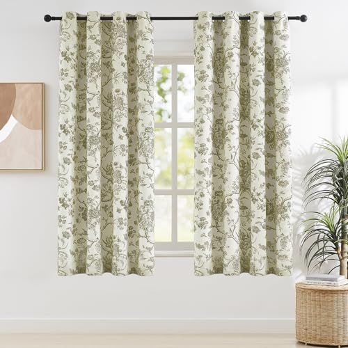 Melodieux Verdunklungsvorhänge im Vintage-Stil, florales Bauernhaus, 160 cm lang, für Schlafzimmer, Wohnzimmer, wärmeisoliert, Baumwollösen, Vorhänge French Country Toile de Jouy, 132 x 160 cm,