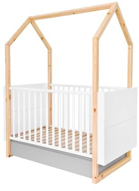 Siblo Babybett mit Schublade 70x140 cm - Pinette Kollektion - Beistellbett Baby aus Holz - Kinderbett umbaubar - Bett Baby Mitwachsend - Gitterbett - Weiß