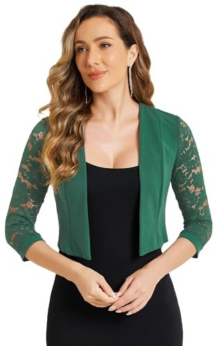 Allegra K Boléro Femme Élégante de Mariage Veste Courte Chic à Manche 3/4 en Dentelle Florale Cardigan Court pour Robe de Soirée Vert Foncé L